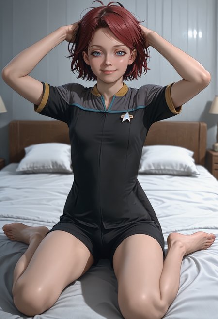 score_9, score_8_up, score_7_up, source_anime, sleepy, smile, on bed, sitting, from above, arms up, full body shot, half-closed eyes, 
BREAK
<lora:KaraDBH:0.9> 1girl, short hair, (messy hair:1.4), red hair, blue eyes, lips, small breasts, (slim hips:1.1), (skinny:1.2), slender, athletic, (saliva:0.8), 
BREAK
<lora:ponyDS9:1.2> ds9st, black and grey star trek uniform, (grey shoulders:1.4), yellow neck, pajamas, barefoot,  short sleeves, shorts, (open top:1.3), 
<lora:zy_Detailed_Backgrounds_v1:1>, indoors, bedroom, Detailed background, science fiction, 
BREAK
volumetric lighting, depth of field, cinematic, vibrant, shadows, detailed, high contrast,âââ <lora:vivid_everclear:0.3>,âââ