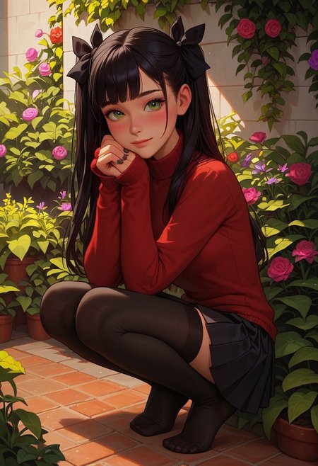 score_9_up, score_8_up, score_7_up, score_6_up, 1girl, 25 years old, perfect face, cute, petite,
green eyes, looking at viewer, 
black hair, long hair, hair intakes, two side up, hair bow, black bow, 
red sweater, turtleneck sweater, long sleeves, cross, black nails, 
black skirt, pleated skirt, 
black thighhighs, no shoes,
elbow rest, closed mouth, feet, from side, full body,
hand on own chin, head rest, squatting, tiptoes,
garden, flowers, shy smile, blush,