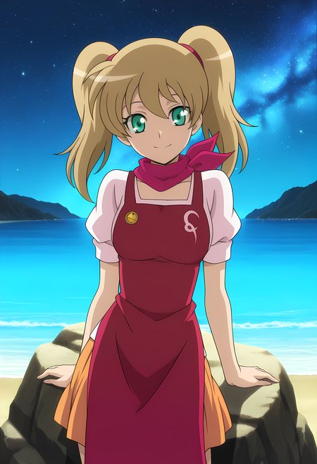 masterpiece,best quality,amazing quality,

solo,

Nagisa Daimonji (Cardfight Vanguard), green eyes, twintails, blonde hair, scarf, dress, short sleeves, puffy sleeves, apron, skirt,

looking at viewer, smile, 

lying, Leaning back on rock,

cinematic, 

bloom, night, at beach, starry sky, galaxy sky, glowing blue ocean waves,  blue light, detailed shadow,

Official style, anime screencap, anime coloring, 
















