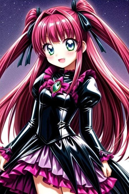 Bad_End_Precure, DarkPrecure, corrupted princess wearing dark pastel (ruffled:1) (gleaming latex:1) gown with (latex vampire cloak:1) and (detached frilly wide sleeves:1), soft lighting, ruffles, (cute little fang:1)
(vmpr:1),
<lora:more_details:1>,