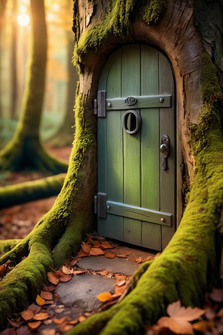 professional macro photography, close-up shot of a tiny door in an old mossy tree trunk, dirty and weathered door, small path leads to door, old enchanted forest background, bokeh, sunset light, autumn forest, magical athmosphere underlined by dusty air reflecing the light, shot by Canon EOS R5,  <lora:add-detail-xl:1.5>