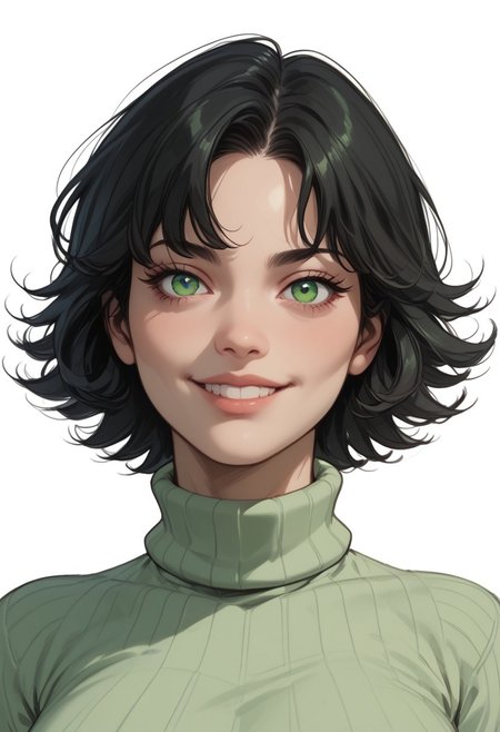 score_9, score_8_up, score_8, score_7_up, score_7, ((close up)), face focus, Expressiveh
BREAK
1girl, solo, Buttercup (Powerpuff girls), black hair, green eyes, short hair, large breasts, looking at viewer, head tilt, seductive look, aroused, horny, standing, light green turtleneck sweater, light smile
BREAK
white background