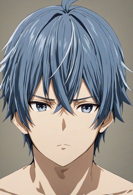 high resolution, solo, best quality, 1Boy, Tomoya Okazaki, Grey Blue Hair, portraits, looking at viewer, focused gaze forward, upper body, head upright, neutral expresion, OverallDetail