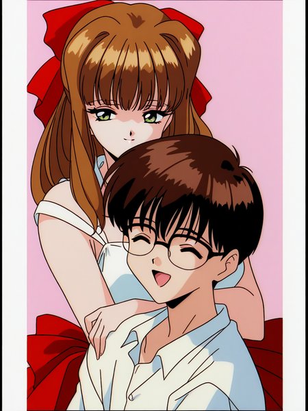 general,highres, ultra-detailed,very aesthetic,best quality ,best hands,  BREAK <lora:Imouto_SG_IS:1> Imouto_SG, brown hair, long hair, hair bow, green eyes, red bow, bangs, breasts,
 1girl, 1boy, glasses, closed eyes, short hair, smile, retro artstyle, pillarboxed, open mouth