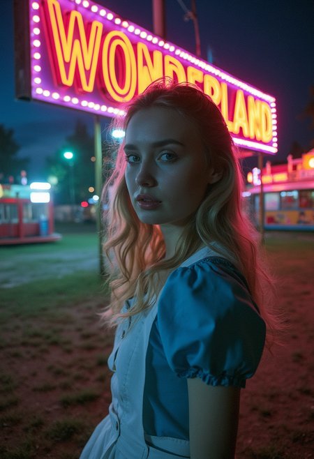 photo of Alice in Wonderland, an 18 year old woman in a defunct and derelict amusement park, a neon sign that reads "WONDERLAND"