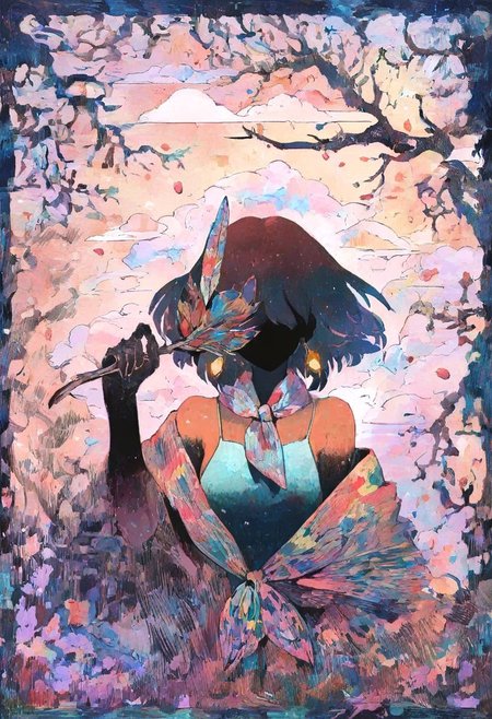 masterpiece, newest,absurdres,very awa, solo, 1girl, holding feather, feather covering face, one eye covered,, pattern neckerchief, earrings, camisole, jacquard, , intricate detail, iridescent, glowing,, BREAK  (blending:1.2), detailed background, branches, fractal, abstract background, petals, bare tree, cloud background, light particles