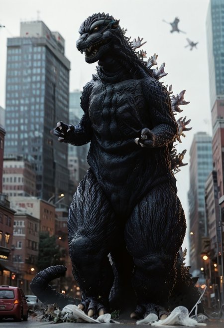 Score_9, score_8_up, score_7_up, score_6_up, zPDXL3, wide shot, monster focus, BREAK, realistic,hyperrealism,ornate,studio photograph, skinny Godzilla kaijuu,gigantic monster, model_buildinga, model_kit_(medium), city skyline, plastic buildings, forced perspective, blurry background, building, outdoors,