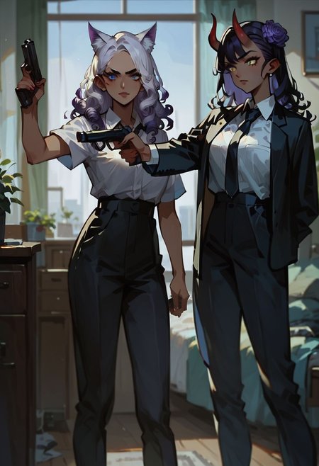score_9,score_8_up,score_7_up,source_anime,,rwc,2girls,holding gun,black business suit,pants,white shirt,black necktie,bedroom,dark skin girl with purple curly hair, yellow eyes, demon horns
BREAK
long hair girl,white hair, blue eyes wolf ears