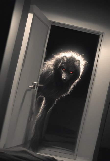 (semi-realistic style) (Vignette ),(Night:1.3),(dramatic photo :1.3), (Ripple effect :1.3),(moving effect:1.3), (Fluff textures :1.3),(Dark color palette:1.3), (Low key lighting:1.3), (character partially obscured:1.3), (Dutch angle:1.3), Subject separation, depth of field(Countershading :1.5) , , (semi-realistic style) solo, (a dark fluffy monster Werewolf woman) , ,glowing teeths and eyes, curvy body with big breast's, ( on door of very dark bed room :1.5)