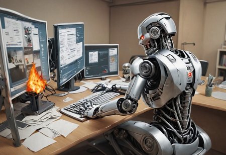 score_9, score_8, score_7, CyberRealistic_Negative,  server room, server room on fire, Humanoid Robot sitting at a desk, robot looking at paper, robot looking at paper in hand, robot facing the camera, dutch angle, server bank on fire, server bank is sparking, computer is on fire, computer is smoking, blue screen of death, red ring of death, everything is burning, everything is on fire, c0mp, sitting, indoors, chair, computer, monitor, desk, keyboard (computer), robot screaming at the computer, shouting at computer, angry