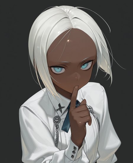 <lora:amrkdrw:1> amrkdrw,
(masterpiece), (best quality), (ultra-detailed), amazing quality, very aesthetic, illustration, perfect composition, intricate details, absurdres, incredibly absurdres, shiny skin, realistic,
 amrkdrw, solo, simple background, dark skin, looking at viewer, finger, black background, 1girl, white hair, shirt, long sleeves, blue eyes, upper body, general