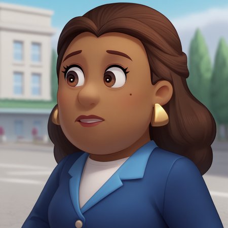 Ugly score_9_up, score_8_up, BREAK, MayorGoodway, 1girl, solo, brown hair, long hair, brown eyes, dark skin, earrings, blue suit,  formal clothes, upper body,  <lora:MayorGoodway_PXL_Leaf1:1>, depth of field,
