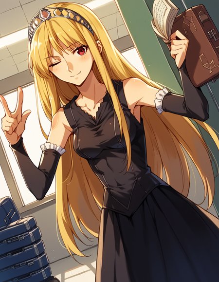 score_9, score_8_up, score_7_up, source_anime, <lora:kaibutsuoujo-liliane-s1-ponyxl-lora-nochekaiser:1>, liliane, long hair, blonde hair, red eyes, very long hair, tiara, medium breasts,, gloves, dress, detached sleeves, elbow gloves, black dress, bare shoulders, sleeveless dress, collarbone, long skirt, , airport, waiting area, suitcase, flight delayed, passengers, reading book, , <lora:double-finger-gun-ponyxl-lora-nochekaiser:1>, double finger gun,, blush, smile, one eye closed, from side, looking at viewer, solo,, dutch angle, cowboy shot