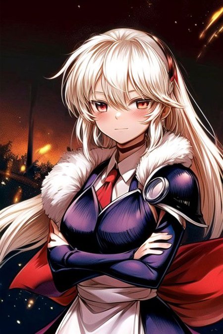 best quality 1girl Setsun4 solo long hair,  (night time) forest background black hair very long hair purple eyes multicolored hair armor, small, (fur trim) (medium body),<lora:EMS-179-EMS:0.800000>,<lora:EMS-293862-EMS:0.800000> bow, hair_bow, hair_tubes, red_bow, brown_hair, long_hair, bangs, ascot, frilled_bow, yellow_ascot, blush, smile, hair_between_eyes, athletic, armor, miko, strengthmda, crossed arms, Smiling, happy