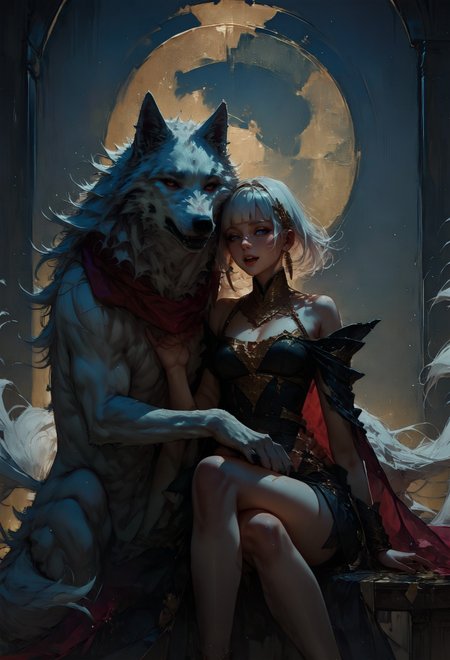 score_9, score_8_up, score_7_up,  1girl, short hair, white hair, hime cut, princess, red scarf, white wolf, gold  <lora:pony/twilight_style:0.8> <lora:pony/expressiveh:0.8> expressiveh <lora:pony/vixon_gold:0.65> g0ldl34f <lora:sdxl/sinfully_stylish_sdxl>