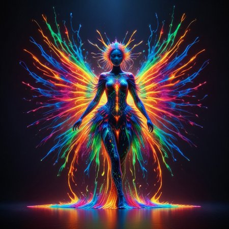 a full body fire entity with multicolored flames, professional photography of an fantastical warrior princess entirely made of cyberflies with whimsical elements, swirling magic, eerie fairytale landscape, elaborate fantasy style art, very colorful, intricate details, ultra sharp, exquisite detail, flawless composition, vivid colors, masterpiece, exciting background, TAS, TASvisuals, Psychedelic , Rave, Elaborate , Blacklight , Vibrant , cyberflies, black light paint, blp, Colorful Chaos Cracks and Drops, mad-glowtiedye, made out of,colorful,liquid,Murano Art Glass
