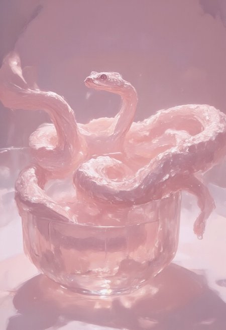 This is a highly detailed, surrealistic digital artwork featuring a pink and white albino ball python coiled in a shallow, clear, water-filled container. The snake's scales are meticulously rendered with a smooth, glossy texture, showcasing a gradient of pastel pink and white hues, giving it a dreamlike quality. The snake's eyes are open, with a subtle, serene expression, adding to the ethereal atmosphere.