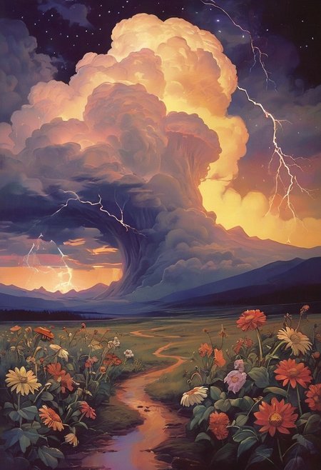A radiant Beltane storm rolls across a flowering plain — lightning shaped like divine glyphs strikes the earth and births glowing mushrooms. Dancers wrapped in scarves of starlight and pollen run barefoot through the rain, their laughter echoing backwards as the sky becomes a swirling eye.  
, VHS screen grab, grainy, old footage, in the style of an old 80's VHS dark fantasy, VHS screen grab, grainy, old footage
