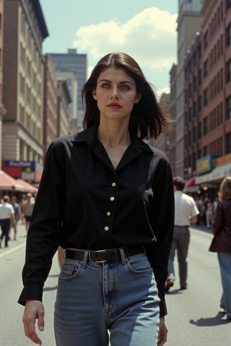 vintage, film still, retro film footage, a woman with raven black hair, in an formal full sleeve buttoned up blackshirt and jeans, faint smile, relaxed
upper body portrait picture of her as walks (in motion:2) down the busy street  of a newyork, flash photography, overexposure, grain, film grain, sunny weather, clear sky, clouds, warm skin tones