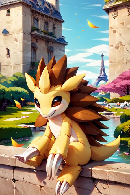 score_9, score_8_up, score_8,   ,,, , ,,, zzSandslash, no humans, pokemon (creature), claws,  <lora:SandslashPokedex_PDXL:1.0>,     ,,,   , BREAK, zzEiffelTower in background, sitting, watercraft, boat, sitting on wall, side view, looking at viewer, smile, ,,, BREAK, blooming stars, luminescent petals, otherworldly fragrance blurry background, ,,, embedding:zPDXL, Expressiveh, ,,, <lora:EiffelTowerPDXL:1.0>, <lora:CatalystStylePDXL:0.6>, <lora:SDXLFaeTastic2400:0.5>, <lora:Expressive_H-000001:0.4>,
