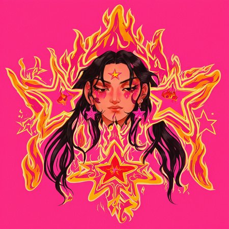 1girl, sm0k, earrings, star (symbol), upper body, flames, ornaments, simple background, pink, eyes open, long dark hair