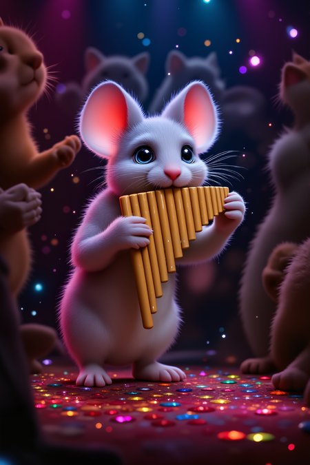 a mouse on stage in a big club playing a panflute for the audience of cats , detailed background  Fantastic lighting. Detailed shadows.intricate details, vivid colors, hyper-detailed, ultra-sharp, <lora:PANFLUTE_FLUX>, <lora:aidmaImageUpgrader-FLUX-V0.2:0.5><lora:PinkieFluxProUltraFantasia><lora:FluxDFaeTasticDetails:0.7>