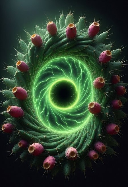 masterpiece, best quality, amazing quality, detailed background, 4k, masterpiece, best quality, highly detailed, realistic, blender 8k, detailed render, cgi, detailed drawing, 
Halo shaped portal of swirling energy, spiky, prickly, black hole, wizard casting a sell, Prickly Pear Style
Dark brooding background, dark background, deep shadows,