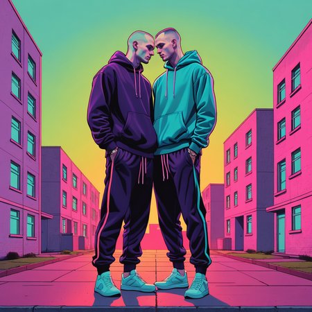 homoerotic illustration, solid dark silhouettes of a pair of youngish English male chav skinheads in trackies sharing a romantic moment on a brutalist council estate against a pastel background, vibrant neon colours, high quality, homoerotic
