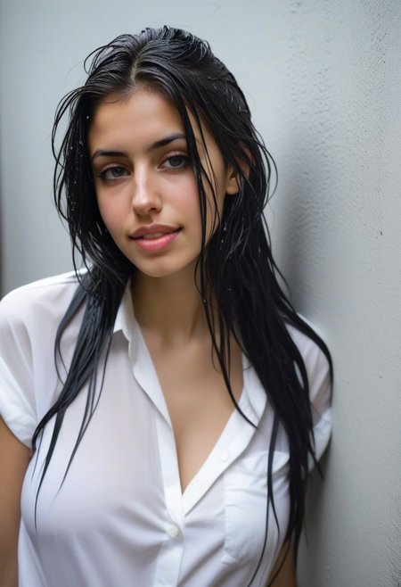 portrait of busty egyptian beauty Elham enjoying rain in Cairo city alleywall