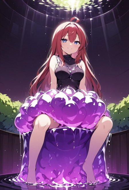 (masterpiece), (score_9, score_8_up, score_7_up,source_anime), 4K8K, best quality, high res image, illustration, Uncorrected, CG, 
(girl view from below. look-up angle:1.3), from side, 
1 fairy girl sitting on a giant grape slime, pretty slime sex, (lot of grape cubes around woman), (hair over breasts, long hair, hair censor:1.4), twinkle grape cube, 
slime, slime like a grape, grape slime, see-through violet slime, 
BREAK
medium breasts, 
(gradient hair, pink and hair, very long hair, red bangs, ahoge, hair over breasts, hair censor), 
(blue eyes, half opened eyes, jitome, smile), 
wearing tube top, cube, 
in orchard, fruit orchard, fruits trees,
