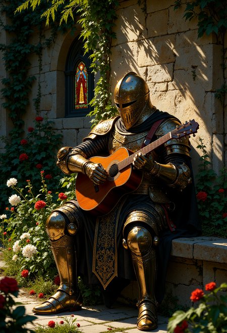 Highly detailed and dramatic digital artwork featuring a medieval knight in full armor sitting on a stone bench in a sunlit garden. The knight is playing an acoustic guitar, with sunlight filtering through the leaves above, casting dappled shadows on the ground. The armor is detailed with intricate engravings, and the helmet obscures the knight's facial features. The garden is lush with greenery and colorful flowers, creating a serene and peaceful atmosphere. In the background, a small stained glass window is visible, featuring a figure in vibrant colors. The overall composition is harmonious, blending the historical with the whimsical. <lora:FluxMythP0rtr4itStyle:0.6> <lora:flux.1_lora_flyway_Epic-Characters_v1:0.6> <lora:Elden_Ring_-_Yoshitaka_Amano:0.33>