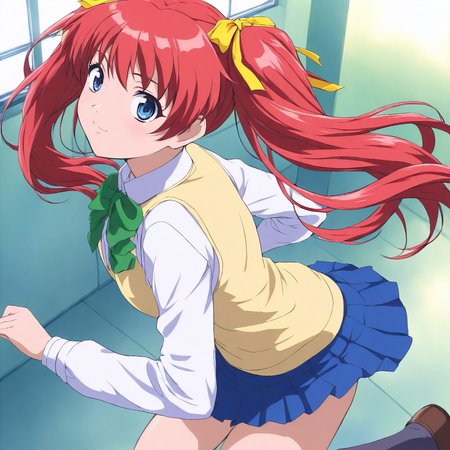 masterpiece,1girl,solo,looking at viewer,cowboy_shot,school uniform,yellow vest,skirt,socks,<lora:Shoko_Sugimoto ag4o v1:1> shoko_sugimoto, red hair, twintails, hair ribbon, blue eyes,