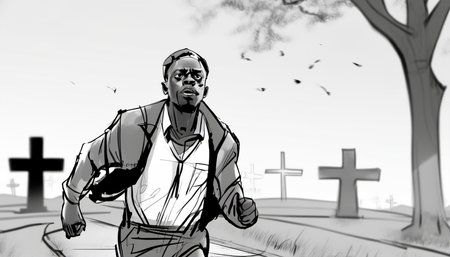 storyboard sketch of Daniel Kaluuya  feeling Geeky Running playing a Agrarian in cemetary <lora:storyboard sketch:0.8>