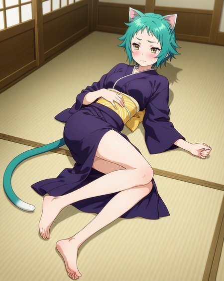 (kimono:1.50), 
ys-yaya, green hair, short hair, yellow eyes, 
1girl, (solo:1.60), skinny,
(masterpiece, best quality, amazing quality, absurdres, high quality, highres, masterpiece), 
flustered,
full body
lying down,
(feet:1.40), 
BREAK,
indoors,
,
(),
medium breasts,
cat ears, cat tail
<lora:ys-yaya-V01-illXL:0.80>