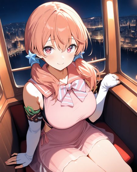 1girl, KitakamiFutabaDotLive, 
safe, solo,
dating, looking at viewer, smile,
sitting,
star hair ornament,
pink sailor collar, striped bowtie,
pink dress, short dress,
sleeveless, 
see-through, black bra, large breasts,
elbow gloves, 
fingerless gloves,
denim shorts,
night, in ferris wheel, 
<lora:kp_KitakamiFutabaDotLive2ndCostumeAnimagineXL_v1_1:1.0>,
masterpiece, high score, great score, absurdres