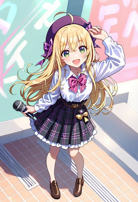 score_9, score_8_up, score_7_up, <lora:PDFA_Style8356194477-000450:1>, 1girl, solo, bangs, blush, smile, street, outdoors, (closed eyes:0.9), :d, ahoge, arm up, belt, beret, black skirt, blonde hair, bow, bowtie, brown footwear, center frills, chibi, collared shirt, day, frills, full body, green eyes, hair between eyes, hair ribbon, hat, hat bow, holding, holding microphone, long hair, long sleeves, looking at viewer, microphone, open mouth, pink bow, pink bowtie, plaid, plaid bow, plaid bowtie, pleated skirt, purple bow, purple bowtie, purple headwear, red skirt, ribbon, shirt, shoes, skirt, sparkle, standing, thigh gap, very long hair, water, white shirt, wing collar,