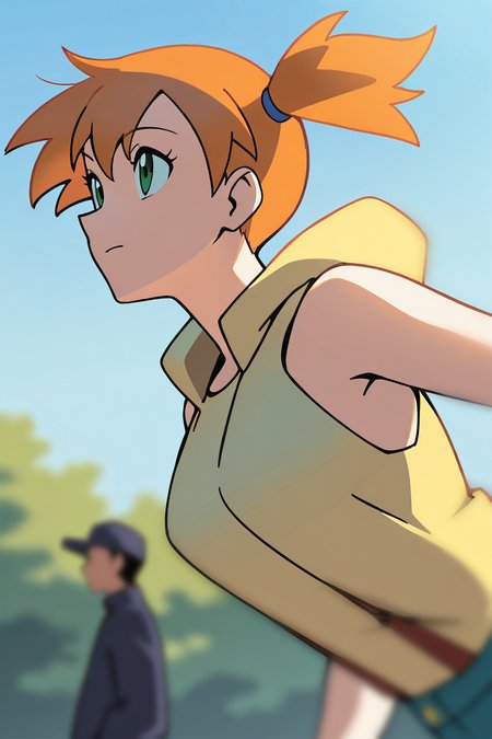 masterpiece, best quality, good quality, newest, pokemon, Misty,  \(classic anime\), very aesthetic,portraiture, solo focus,  depth of field, cinematic, 1girl, solo,