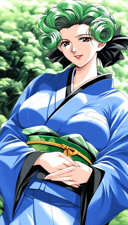 score_9, score_8_up, score_7_up, source_anime, rating_explicit, BREAK <lora:Nagashima_Sachiko_XL:1>Nagashima_Sachiko, green hair, large breasts, mole under eye, brown eyes, short hair, lipstick, curly hair,
 1girl, japanese clothes, solo, mole, sash, obi, smile, blue kimono, looking at viewer, own hands together,