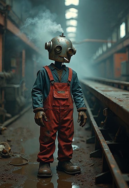 A rusted anthropomorphic robot worker with large wrench, Stands wearily by a creaking conveyor belt in a dilapidated Soviet-era factory. Smoke curls from its cigarette, mixing with steam and oil vapors. Its photorealistic metal face conveys anxiety, reflecting the harsh realities of post-industrial Soviet punk. Wear construction helmet, Red and blue work overalls with a hole has label "RABOTAET NA SPIRTE". Has hungover expression
