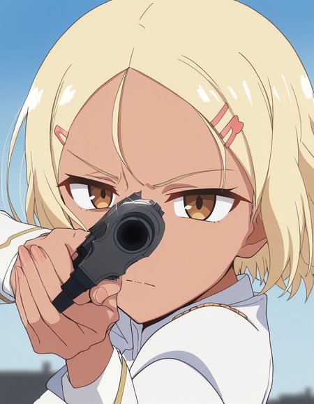 masterpiece, best quality, newest, absurdres, highres, safe,, <lora:ijiranaide-sakura-s1s2-ponyxl-lora-nochekaiser:1>, sakura, short hair, blonde hair, hair ornament, brown eyes, hairclip, dark skin, dark-skinned female, medium breasts, anime screencap, <lora:center-axis-relock-stance-illustriousxl-lora-nochekaiser:1>, center axis relock stance, looking at viewer, holding, closed mouth, weapon, holding weapon, gun, holding gun, handgun, aiming, finger on trigger, aiming at viewer, m1911,, ,