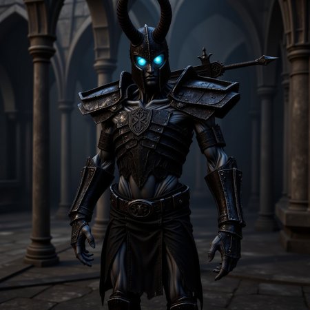 A draugr wearing resplendant black nordic armor with heavy pauldrons, enchanted with runes. His eyes glow with an eerie blue light. He wears a helmet with close-set long horns. A Highly detailed two-handed sword rests on his shoulder. THe background is a detailed Nordic crypt. Rendered in the highest detail. aidmafluxproultra