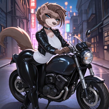 masterpiece, best quality, newest, absurdres, highres, furry, perfect anatomy, M1x,1girl,solo,furry,furry female,brown hair,short hair,blue eyes,snout,animal nose,fang,choker,body fur,two-tone fur,browm fur,claws,white fur,tail, outdoors, city, streets, sidewalk, thick thighs, breasts, black pants, white shirt, black jacket, leather jacket, leather pants, motorcycle, posing, arms on motorcycle, night, night lights, looking at viewer, half-closed eyes,