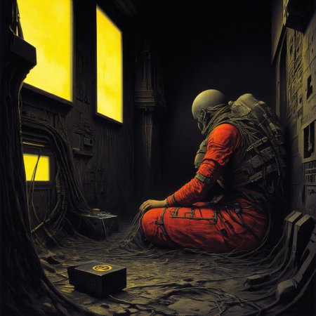 This is a digital drawing in a dark, gritty sci-fi style, depicting a lone astronaut in a futuristic, high-tech space station. The astronaut, wearing a bulky, red and black spacesuit with intricate detailing, is seated on the floor. The suit has various panels, straps, and hoses, suggesting a heavily armored and functional design. The helmet is partially obscured by cables and wires, which are draped across the figure, adding to the sense of chaos and disarray.
The background is filled with a chaotic array of high-tech equipment, including numerous screens, panels, and control consoles. Two large, glowing yellow screens are prominently displayed on the left side of the image, emitting a bright, almost blinding light. The rest of the background is a jumble of dark, metallic textures and various electronic components, with cables and wires crisscrossing the scene.
The floor is covered in a pattern of geometric shapes, adding to the industrial and futuristic feel. In the foreground, there is a black, rectangular object with a yellow symbol on it, which appears to be a control device or a piece of equipment. The overall mood is one of isolation and technological overload, with a heavy emphasis on the astronaut's isolation and the chaotic environment around him.reflections,best quality,masterpiece,detailed,rich colors,color contrast,award-winning,disturbing,hard science fiction, melancholy,((close-up))
H.R.Giger
Zdzisław Beksiński,
Marc Simonetti
Robert Howard 
John Grimshaw