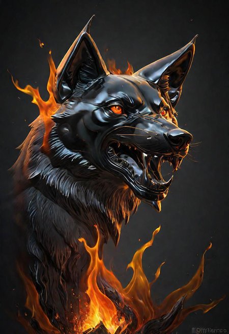 (masterpiece))
a wolf head,
HDR, hyper realistic, 
Black goo,
godly auburn light, flames,