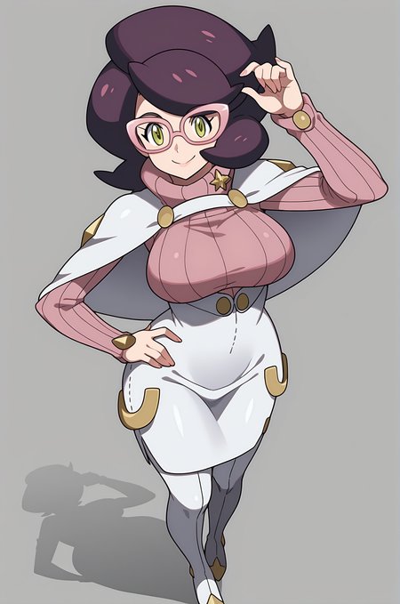 score_9, score_8_up, score_7_up, source anime, anime, animification, anime screencap, anime coloring, vivid colors, shiny skin, skindentation, deep skin, depth of field, high quality, highres, (dynamic angle,dynamic pose)
wicke \(pokemon\), 1girl, solo, looking at viewer, smile, short hair, skirt, large breasts, simple background, long sleeves, closed mouth, green eyes, standing, full body, purple hair, boots, glasses, high heels, sweater, hand on hip, capelet, turtleneck, thigh boots, white skirt, ribbed sweater, turtleneck sweater, adjusting eyewear, big hair, pink sweater, pink-framed eyewear
BREAK
masterpiece,high quality
 <lora:Wicke_PokemonPony:0.9>