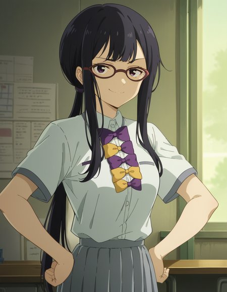 score_9, score_8_up, score_7_up, source_anime, <lora:koto-tsukinoko-alpha-ponyxl-lora-nochekaiser:1>, koto tsukinoko, long hair, bangs, black hair, purple eyes, sidelocks, glasses, low-tied ponytail,, skirt, shirt, bow, school uniform, white shirt, short sleeves, pleated skirt, bowtie, yellow bow, grey skirt, yellow bowtie, purple bow, purple bowtie,, indoors, smug, smile, looking at viewer, solo, hands on hips,, cowboy shot, dutch angle