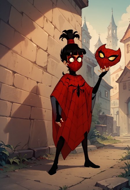 score_9, score_8_up, score_7_up, score_6_up,  score_5_up, Lydia1, 1girl, solo,  black hair, topknot, blunt bangs, red cape, spiderweb design, black fingerless gloves, black pantyhose, mask