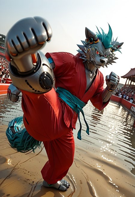 (((Barefoot furry character, full body, cinematic setting, furry male, plantigrade))) 
(((Gilliam))), wolf boy, ((red kimono and pants, training kung-fu on outdoors training ground, fighting stance, dynamic pose, perform side kick)), nice feet paws, three toes, claws, pawpad, determined look
BREAK
(((gilliam wolf, evil eye, sharp, tire body, red fluff tail, cyan hair, robot, wolf, metallic))), (((kicking, kicking at viewer, stands on one feet)))
BREAK, intricate details, highly detailed, extreme detail, octane render, fine art, best quality, highres, (detailed face:1.5), ((full_body)), UHD, (((perfect hands))), low light
