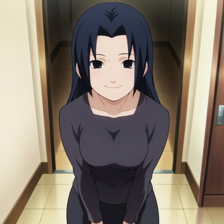 looking at viewer, standing, smile,solo,
, <lora:uchiha_mikoto_IL v1.11:0.9> umikoto, parted bangs, bangs, long hair, black hair, black eyes, medium breasts,
shirt, skirt, black shirt, black skirt, long sleeves, long skirt,
anime screencap, masterpiece, best quality,