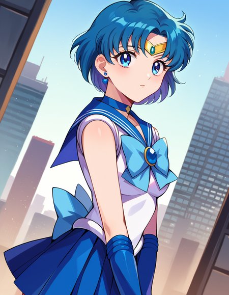 score_9, score_8_up, score_7_up, source_anime,
sailormercury, <lora:sailor-mercury-ponyxl-lora-nochekaiser:1>
sailor mercury, blue eyes, blue hair, short hair, parted bangs,
back bow, blue bow, blue choker, blue sailor collar, blue skirt, bow, choker, earrings, gloves, jewelry, magical girl, miniskirt, pleated skirt, sailor collar, sailor senshi uniform, skirt, stud earrings, tiara, sleeveless,
outdoors, cityscape,
looking at viewer, cowboy shot, dutch angle,